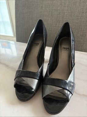 Impo Black and Silver Patent Open-Toe Pumps